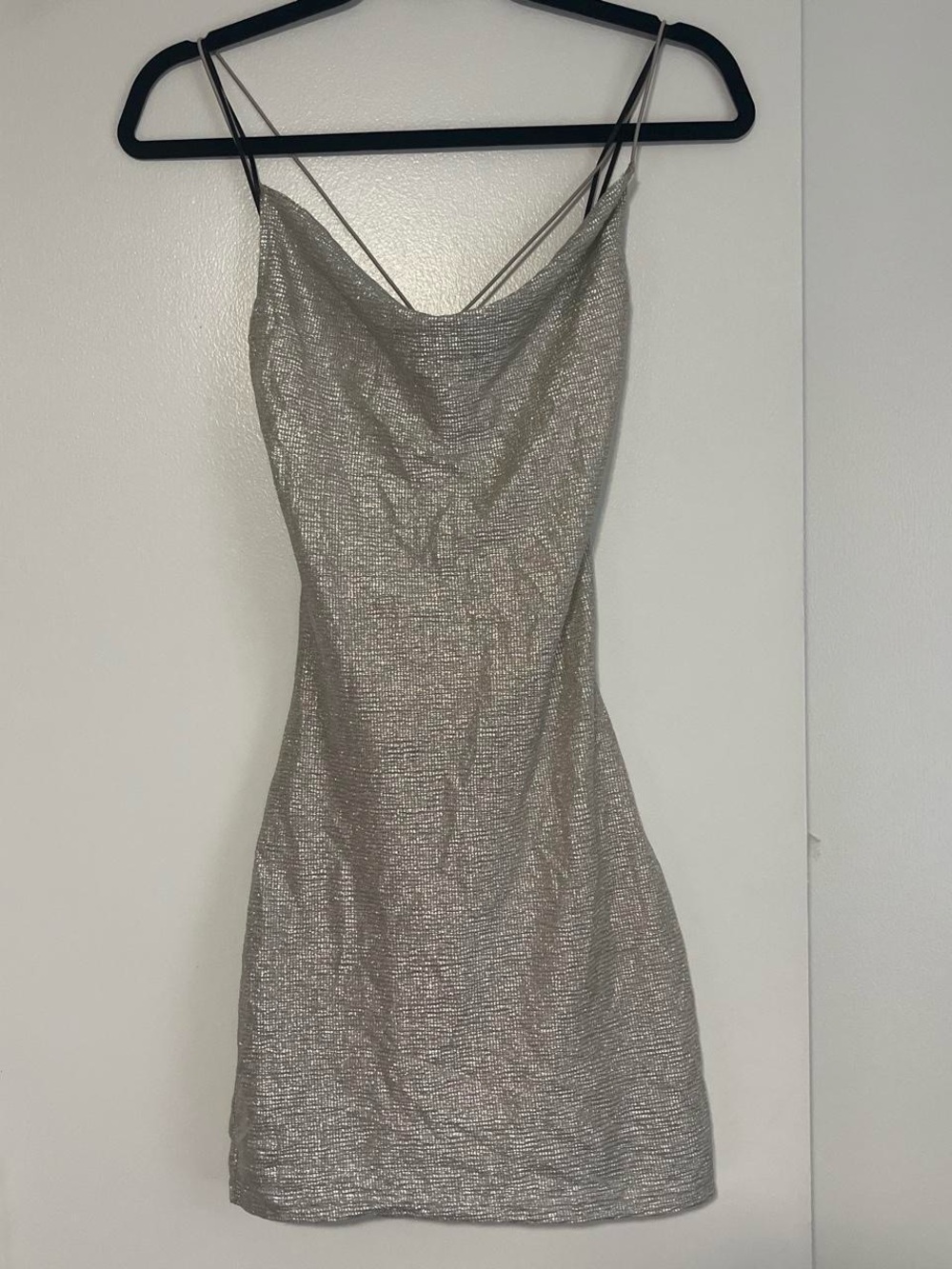 Divided Silver Metallic Cowl Mini Dress